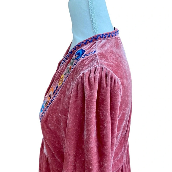 Floryday Blush Pink Velvet Embroidered Blouse Medium | Boho Tassel Tie Top - Picture 10 of 15